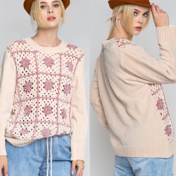 POL Chenille Rose/Vanilla Crocheted Sweater - Picture 2 of 4